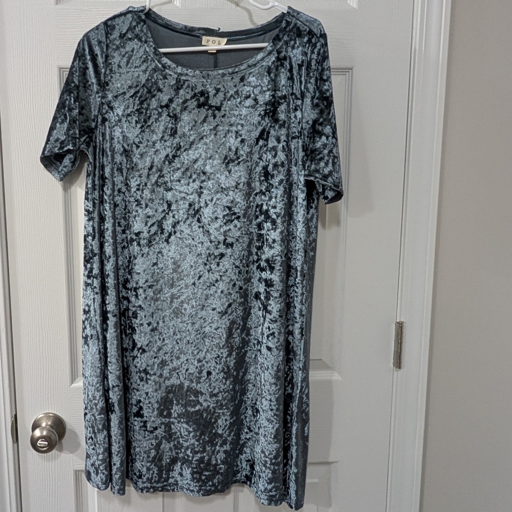 POL, Women's Large, Crushed Velvet Short Sleeve Dress/Tunic In Blue